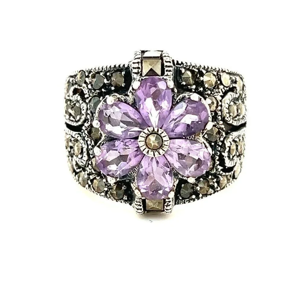 Silver 925 Amethyst/Marcasite Flower Ring‎